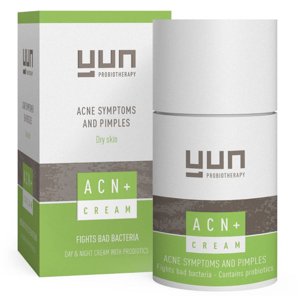 Creme-Verpackung und -Tube. Aufschrift: YUN, ACN+ Cream. Text: Akne-Symptome und Pickel. Enthält Probiotika.