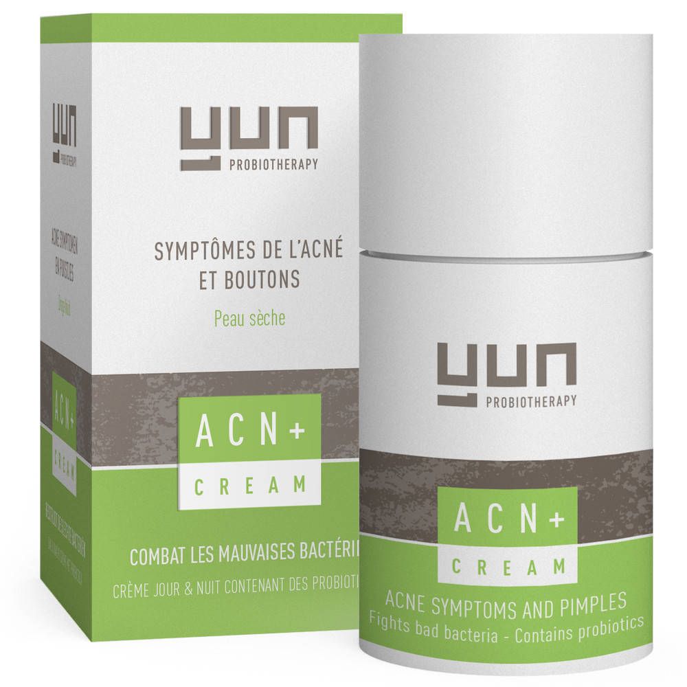 Creme-Verpackung und -Tube. Aufschrift: YUN, ACN+ Cream. Text: Akne-Symptome und Pickel. Enthält Probiotika.