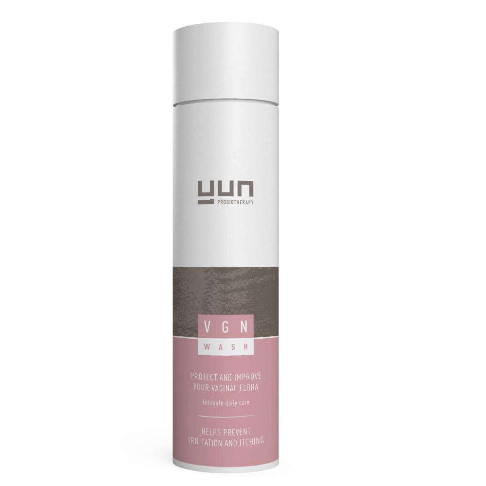 Cilindrische fles met witte dop. Opschrift: YUN, VGN Wash. Roze en bruine zones met tekst: beschermt en verbetert de vaginale flora.