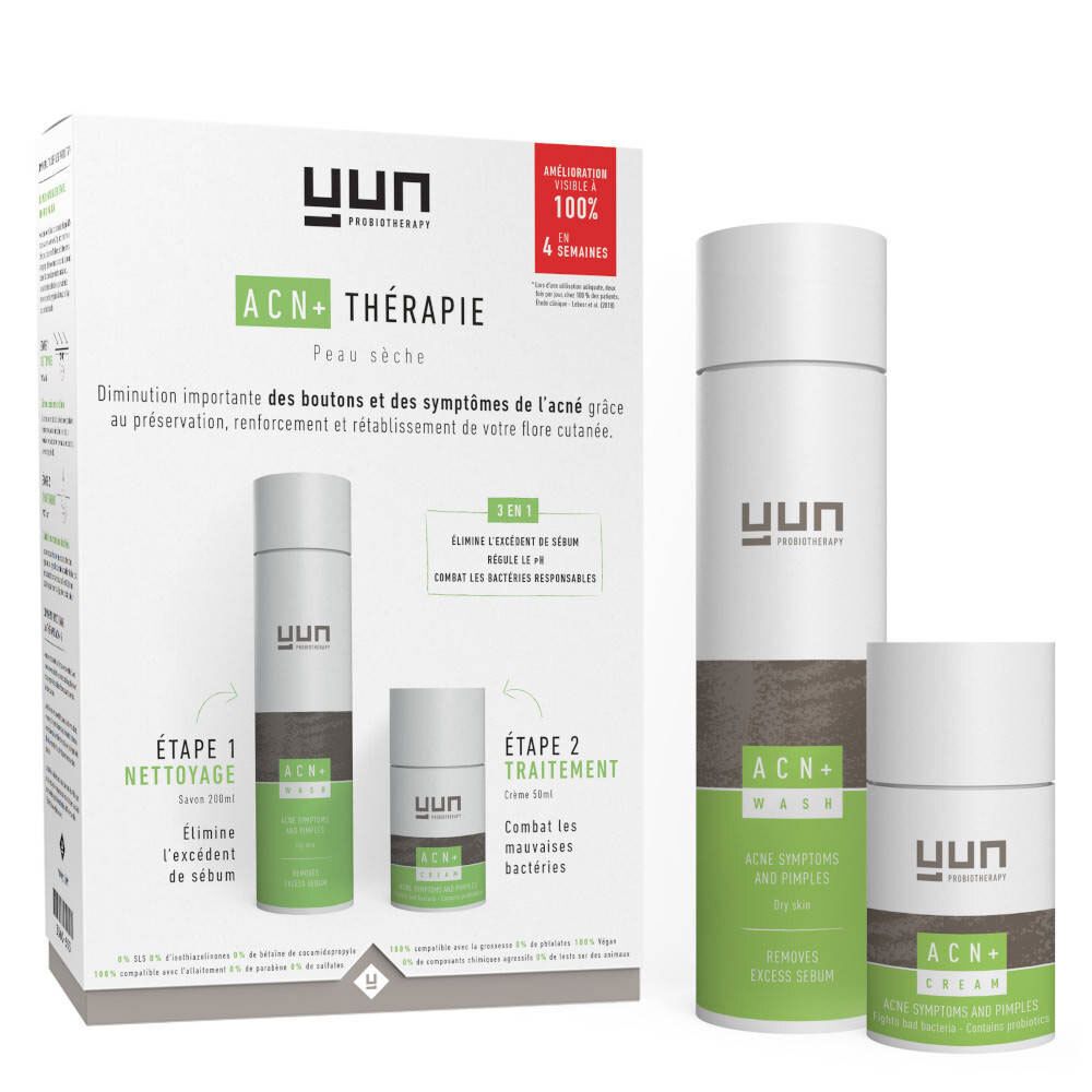 Verpakking met twee producten en twee andere producten. Opschrift: YUN ACN+ Therapie. Reinigings- en behandelproducten.