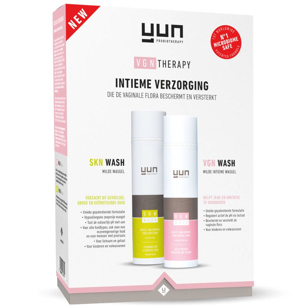 Emballage avec deux flacons. Inscription: YUN VGN-Thérapie, Soin intime. Contient SKN Wash et VGN Wash.