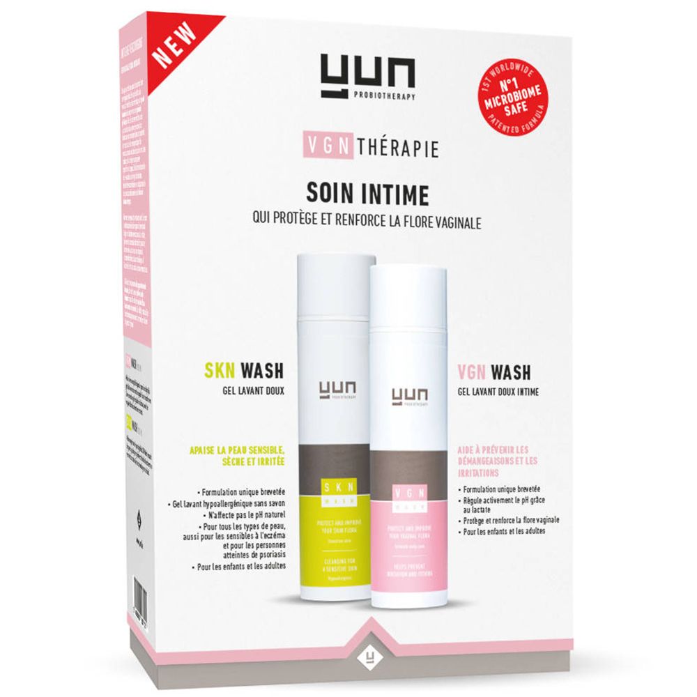 Emballage avec deux flacons. Inscription: YUN VGN-Thérapie, Soin intime. Contient SKN Wash et VGN Wash.