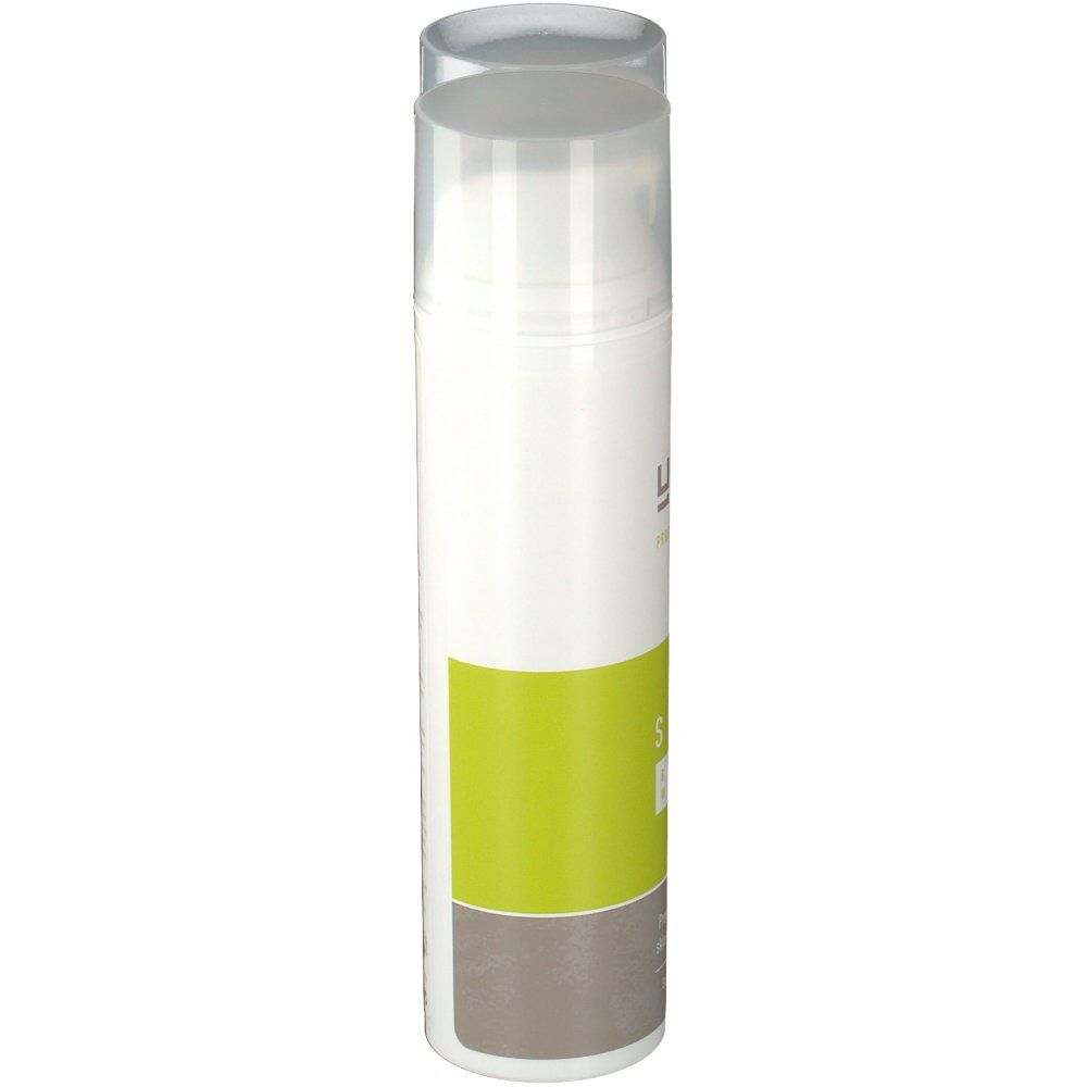 Un flacon avec bouchon blanc. Inscription: YUN, SKN Wash. Couleurs: vert et gris.