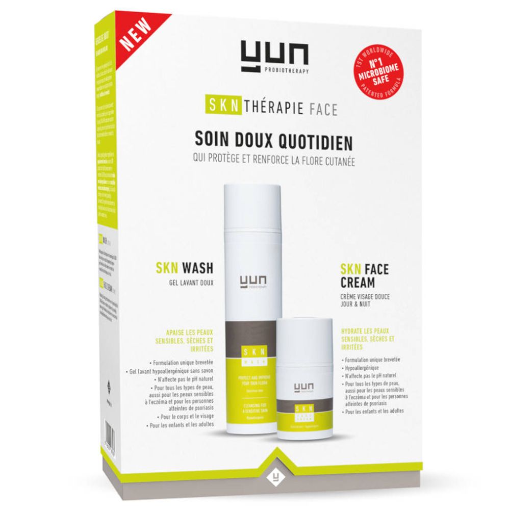 Confezione YUN SKN Thérapie Face con SKN Wash e SKN Face Cream. Contiene un'etichetta « Nuovo » e una di certificazione.