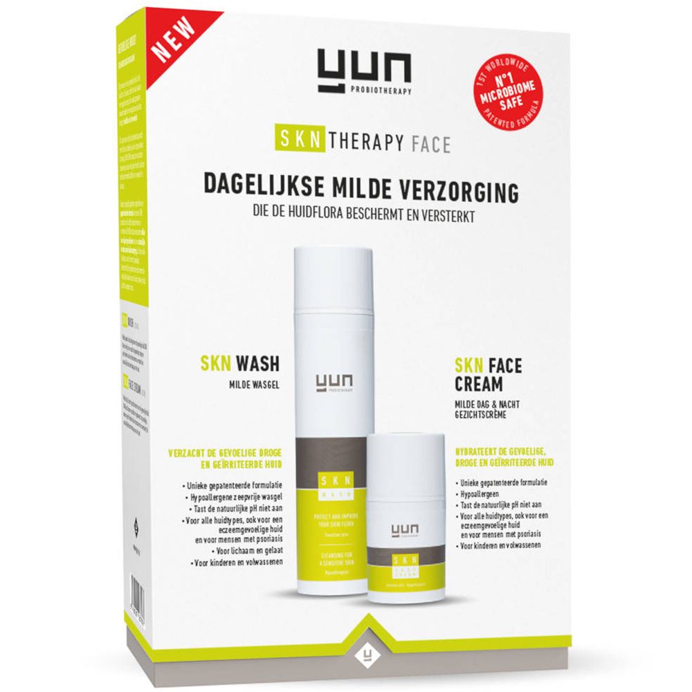Confezione YUN SKN Therapy Face con SKN Wash e SKN Face Cream. Testo in olandese.