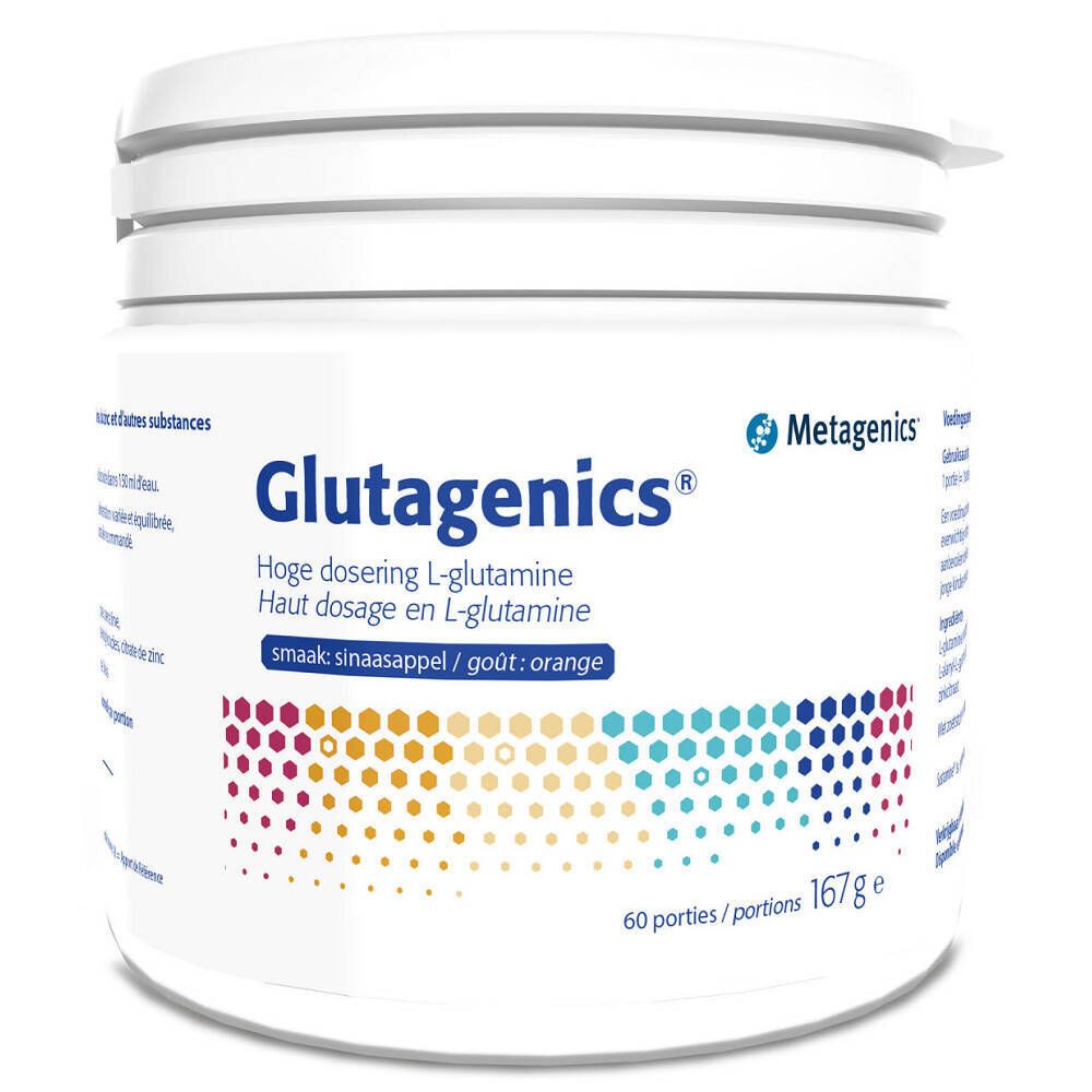 Pot blanc Glutagenics, Metagenics. Inscription en plusieurs langues. Points colorés en bas.