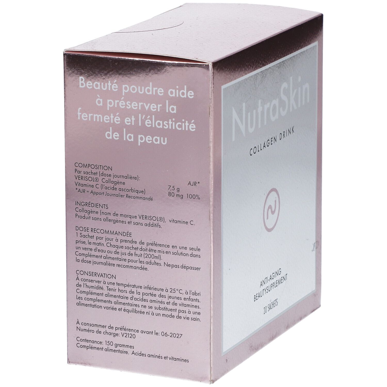 Rosa Schachtel mit "NutraSkin Collagen Drink". Text in Französisch. Aufschrift: Anti-Aging-Beauty-Supplement, 20 Sachets.