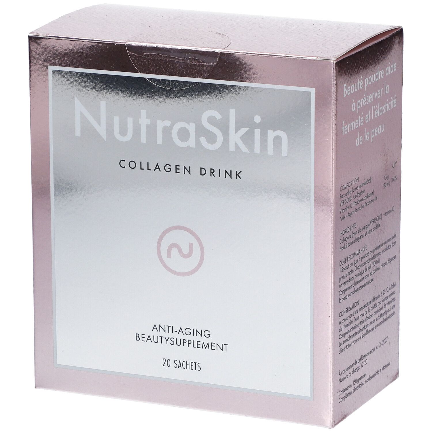 Rosa Schachtel mit "NutraSkin Collagen Drink". Aufschrift: Anti-Aging-Beauty-Supplement, 20 Sachets. Text in Französisch.