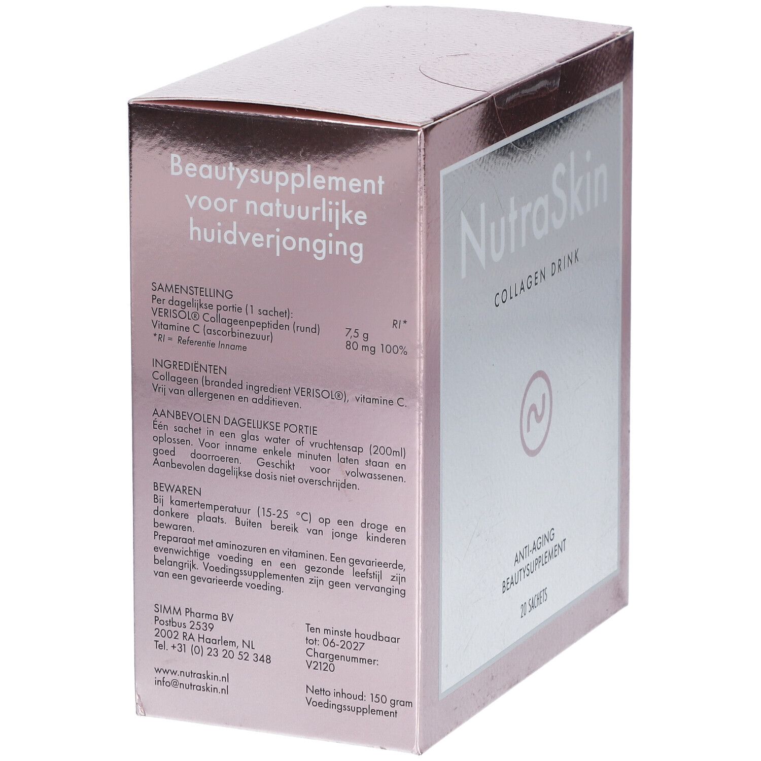 Rosa Schachtel mit "NutraSkin Collagen Drink". Text in Niederländisch. Aufschrift: Anti-Aging-Beauty-Supplement, 20 Sachets.