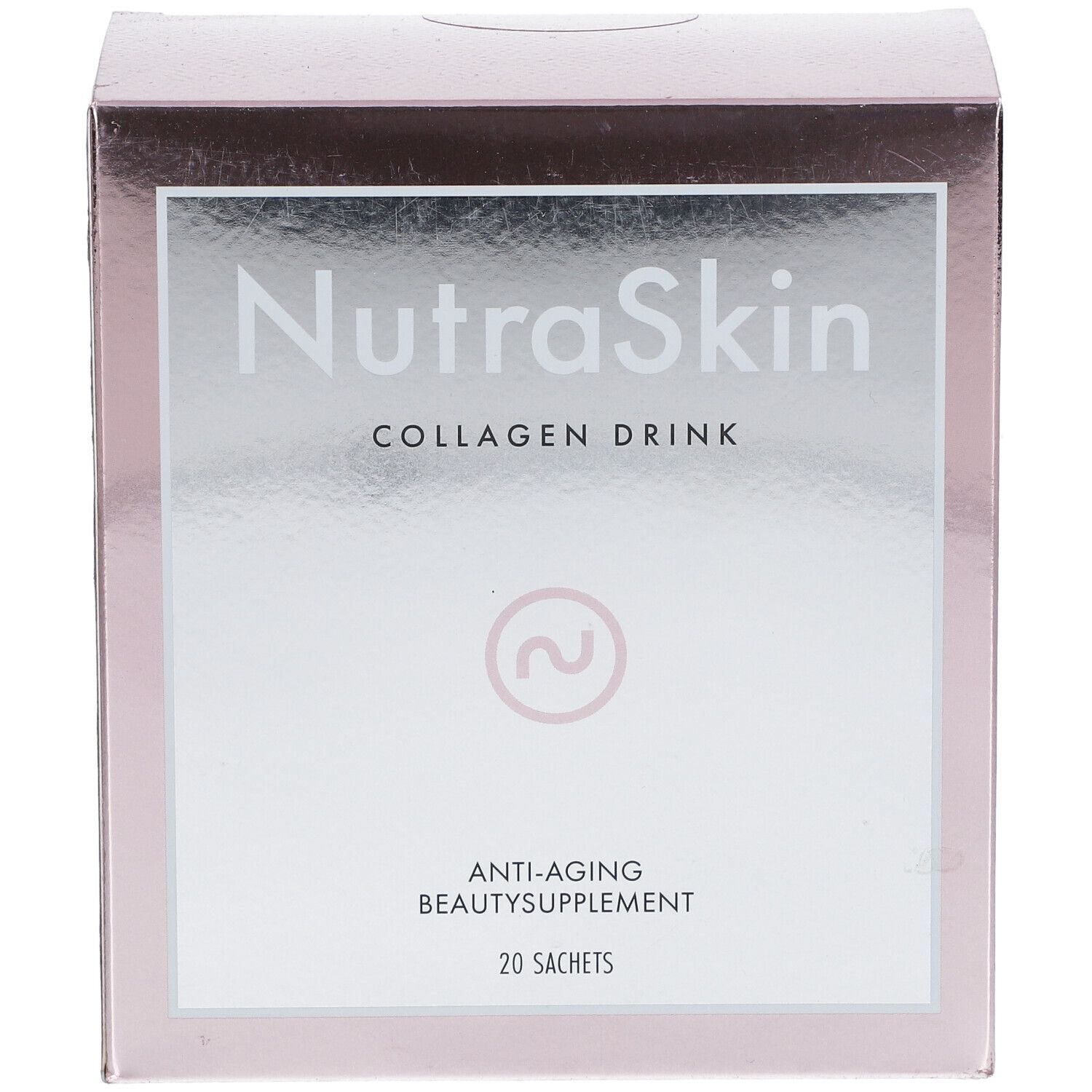 Rosa Schachtel mit "NutraSkin Collagen Drink". Aufschrift: Anti-Aging-Beauty-Supplement, 20 Sachets.