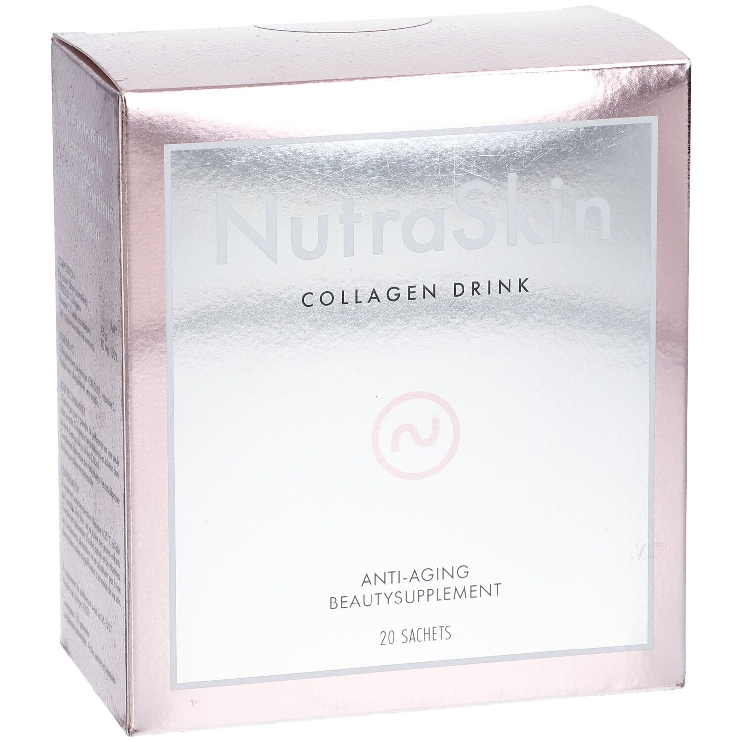 Rosa Schachtel mit "NutraSkin Collagen Drink". Aufschrift: Anti-Aging-Beauty-Supplement, 20 Sachets.