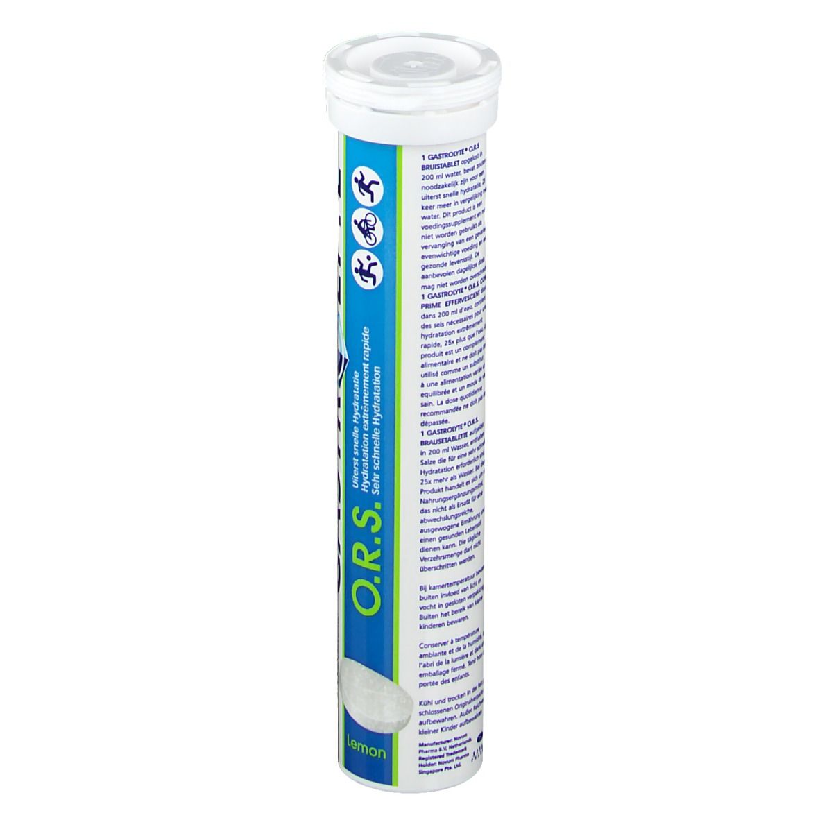 Dos du tube de comprimés effervescents. Texte multilingue. Contient des informations sur les ingrédients et l'utilisation.