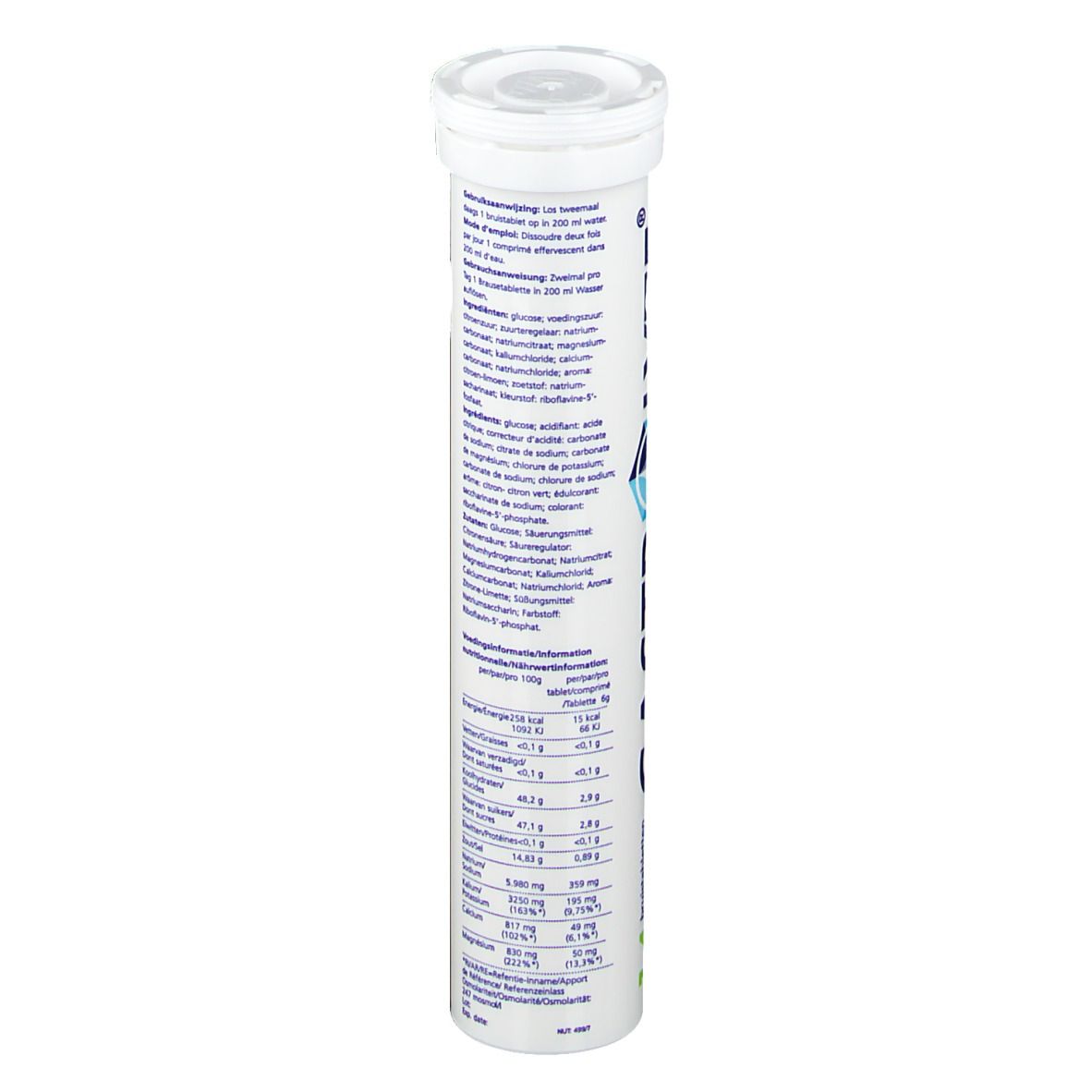 Dos du tube de comprimés effervescents. Texte multilingue. Contient des informations sur les ingrédients et l'utilisation.