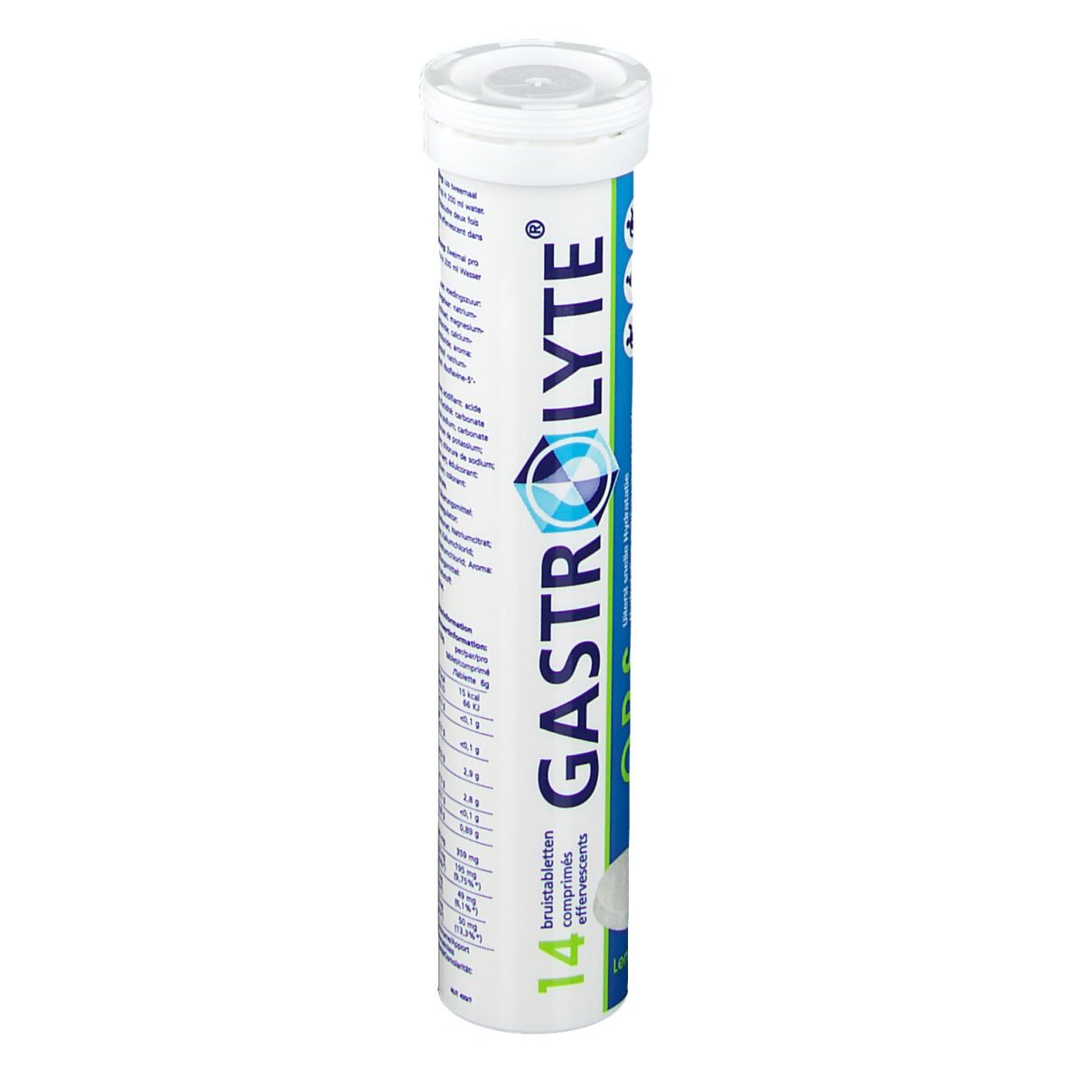 Tube cylindrique de comprimés effervescents. Inscriptions GASTROLYTE O.R.S. 14 comprimés. Contient des informations nutritionnelles.