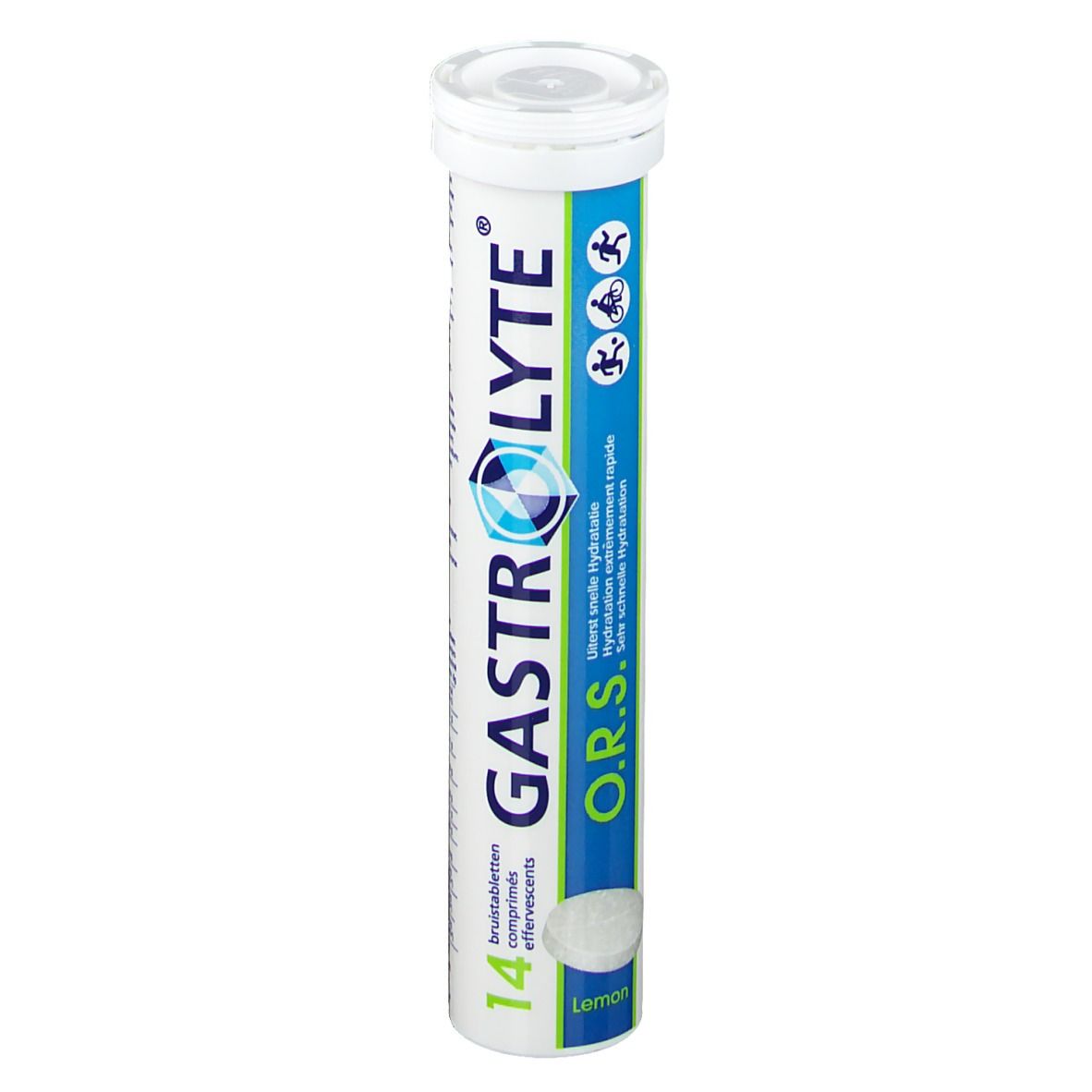 Tube cylindrique de comprimés effervescents. Inscriptions GASTROLYTE O.R.S. 14 comprimés. Contient des informations nutritionnelles.