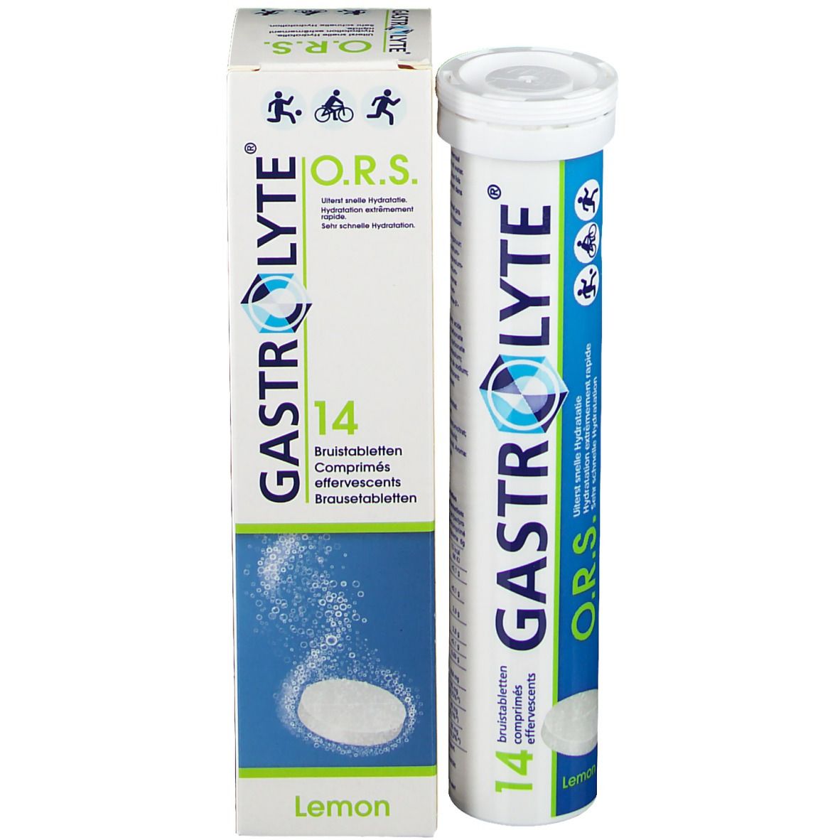 Emballage du produit avec tube et boîte. Inscriptions GASTROLYTE O.R.S. 14 comprimés. Goût citron.