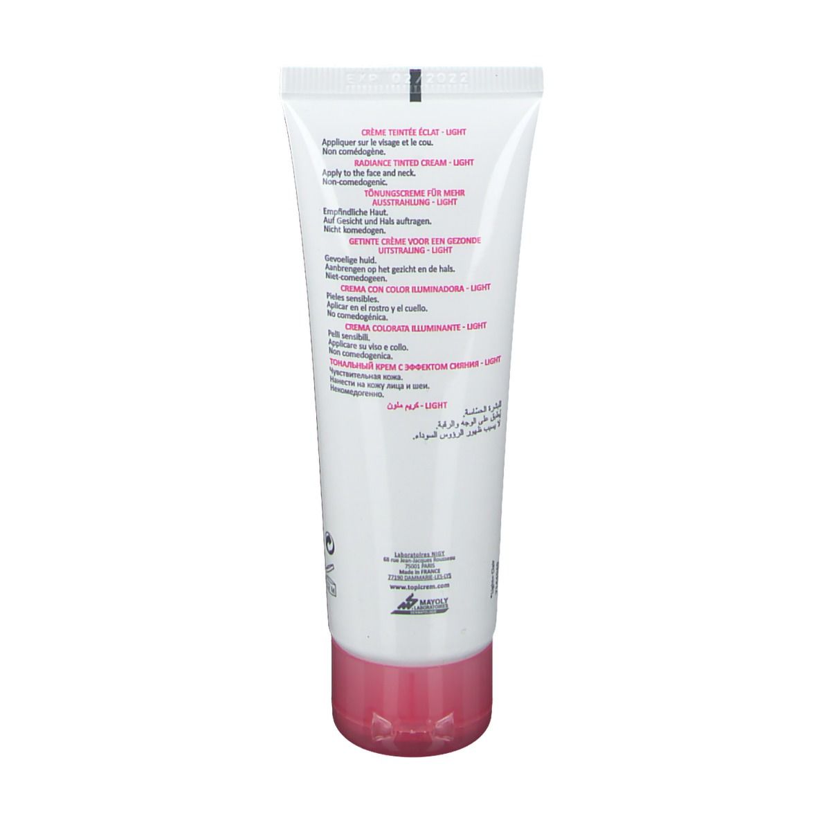 Dos du tube TOPICREM HYDRA+ Crème Teintée Éclat Light LSF 40. Texte multilingue. Rose et blanc.