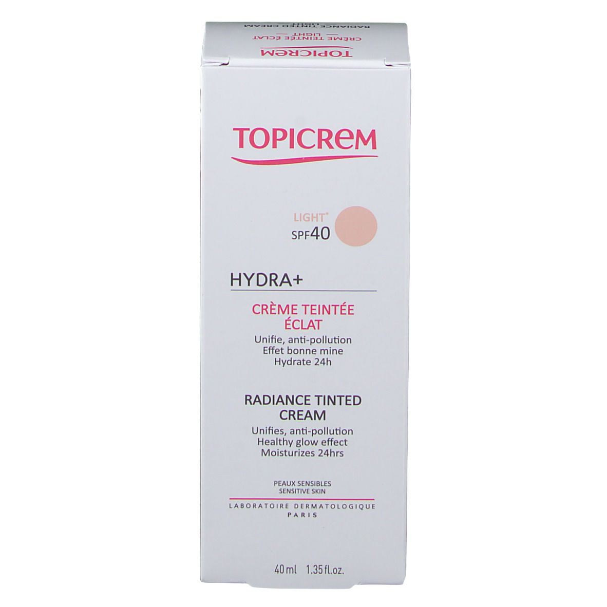 Emballage TOPICREM HYDRA+ Crème Teintée Éclat Light LSF 40. Blanc avec rose et beige. Texte : Crème Teintée Éclat, Radiance Tinted Cream.