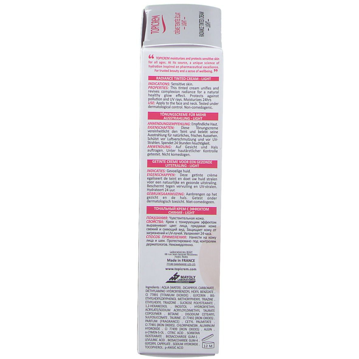 Dos de l'emballage TOPICREM HYDRA+ Crème Teintée Éclat Light LSF 40. Texte multilingue. Blanc, rose et beige.