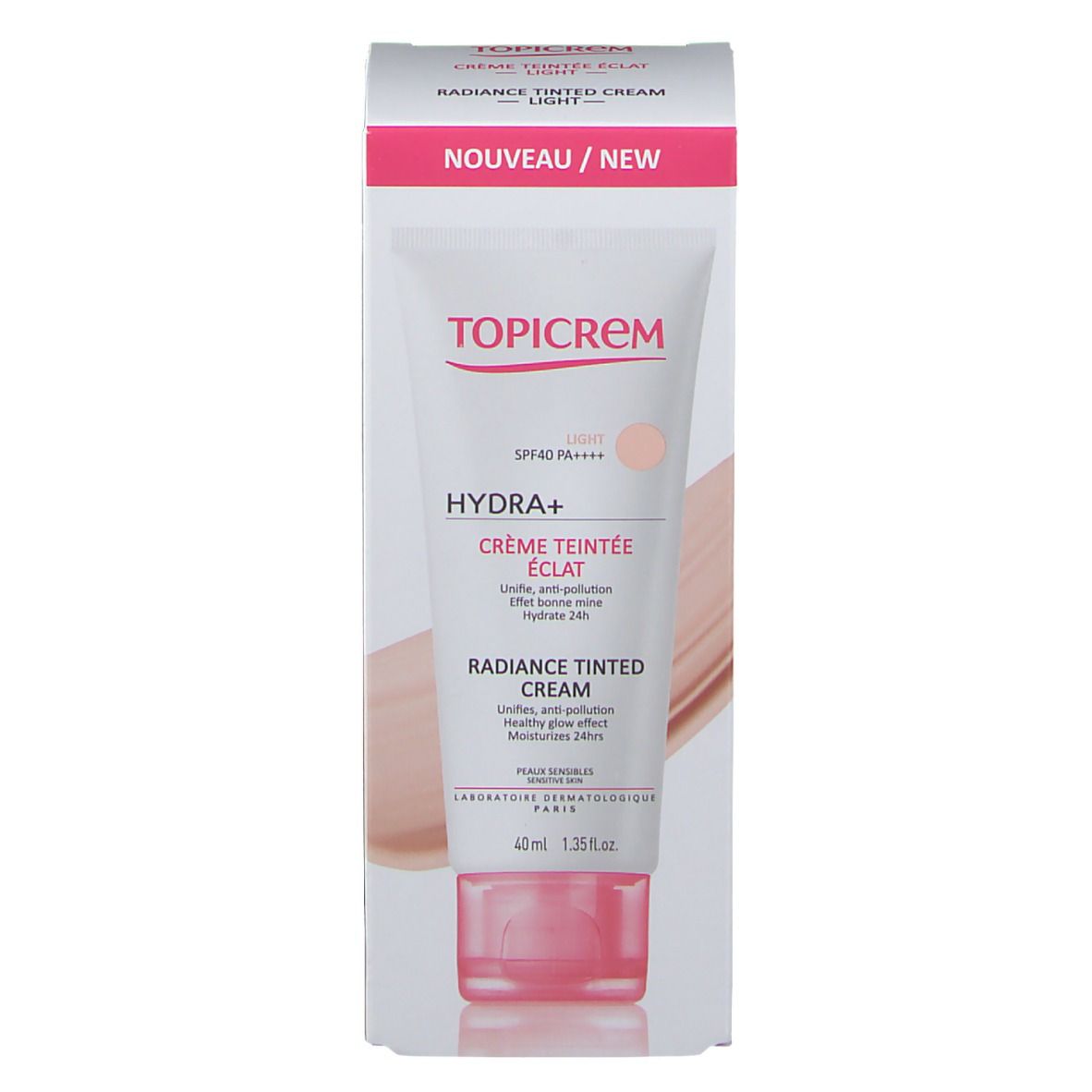 Emballage et tube TOPICREM HYDRA+ Crème Teintée Éclat Light LSF 40. Blanc, rose et beige. Texte : Crème Teintée Éclat, Radiance Tinted Cream.