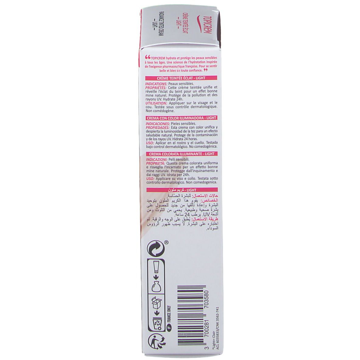 Dos de l'emballage TOPICREM HYDRA+ Crème Teintée Éclat Light LSF 40. Texte multilingue. Blanc, rose et beige.
