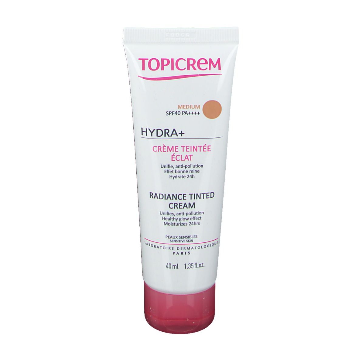 TOPICREM HYDRA+ Radiance Getinte Dagcrème Medium SPF 40 tube. Wit, roze dop. Tekst en kleurstip.