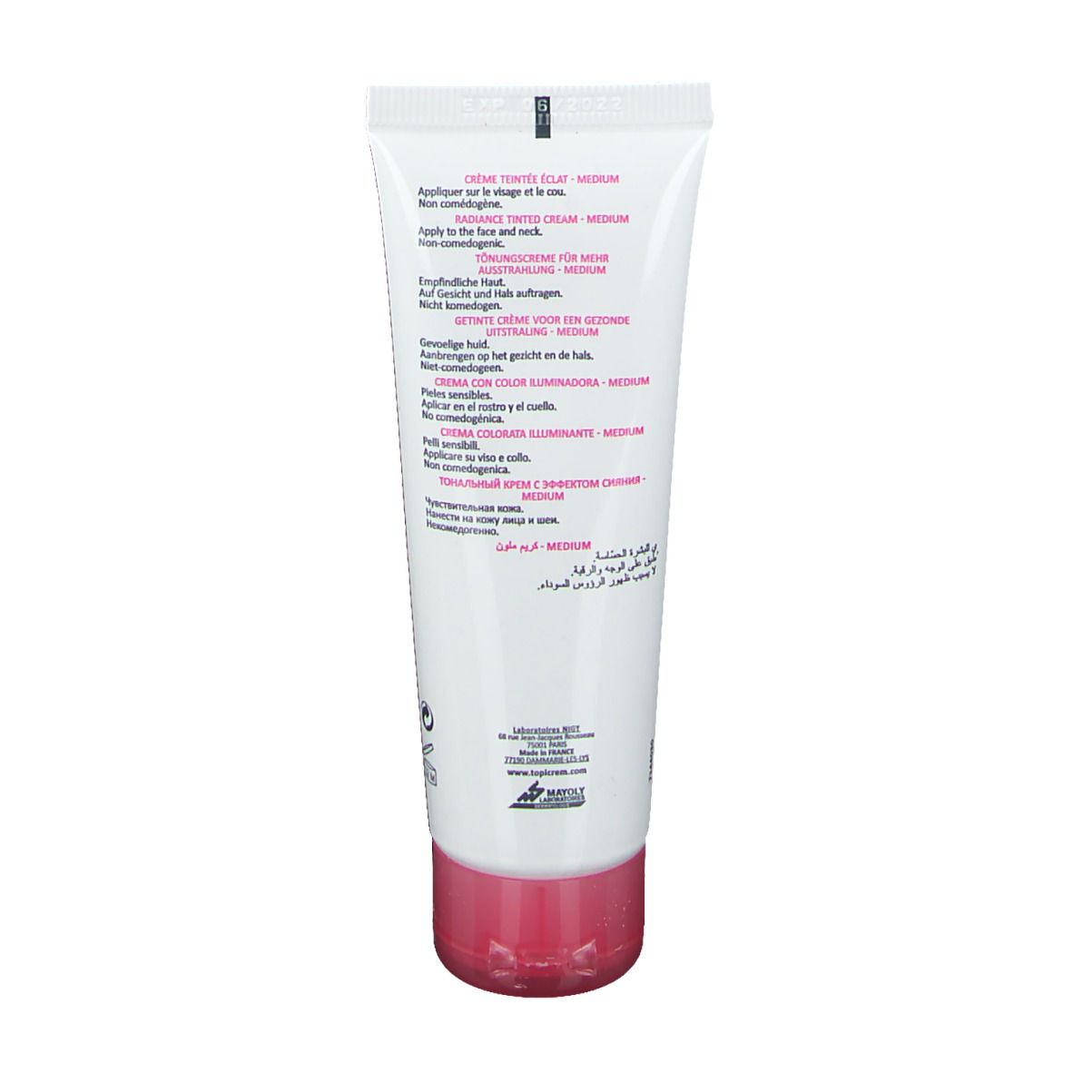 Achterkant van de TOPICREM HYDRA+ Radiance Getinte Dagcrème Medium tube. Meertalige tekst.