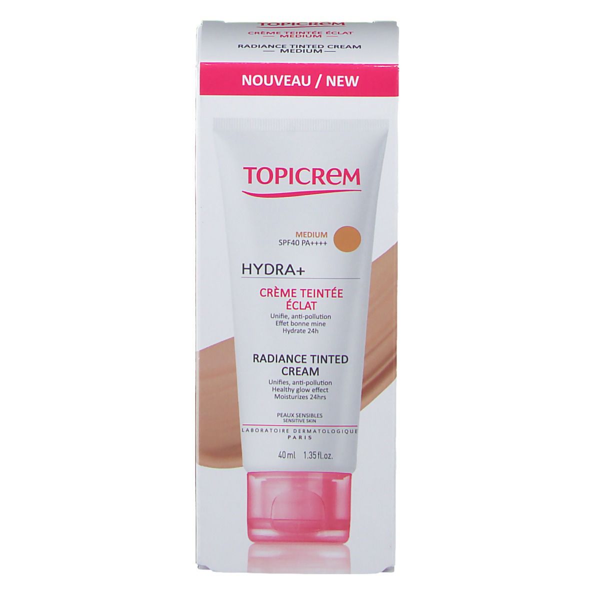 TOPICREM HYDRA+ Radiance Getinte Dagcrème Medium SPF 40 in verpakking. Wit met roze accenten. Kleurstip.