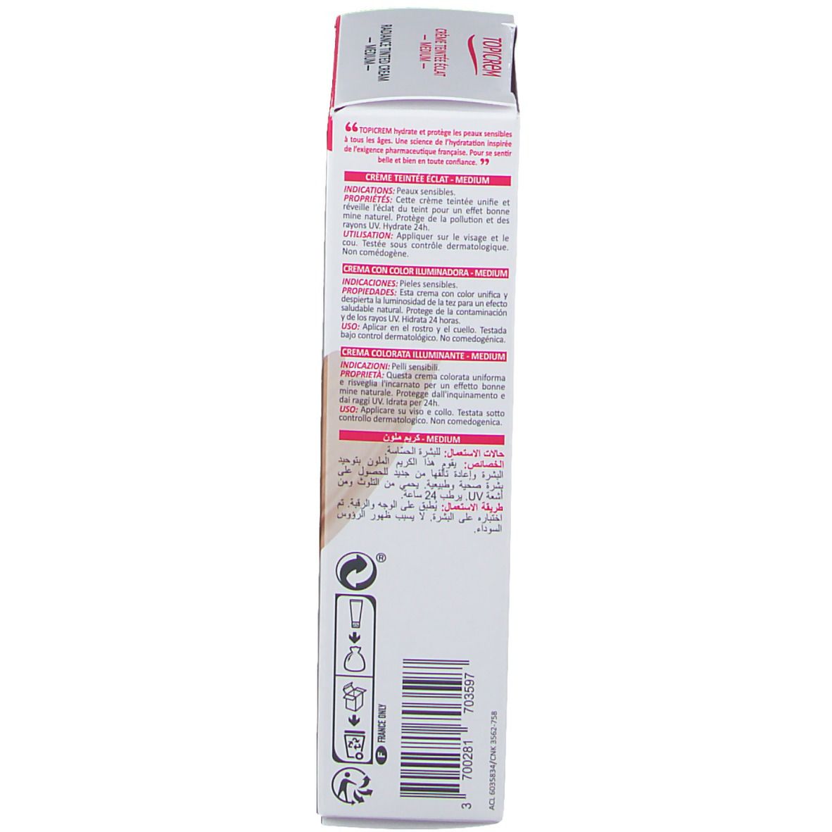 Verpakking van TOPICREM HYDRA+ Radiance Getinte Dagcrème Medium. Tekst, kleurstip en pictogrammen.