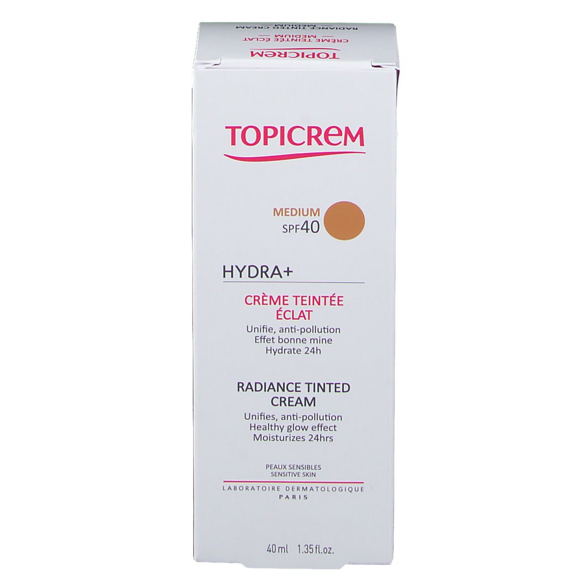 Verpakking van TOPICREM HYDRA+ Radiance Getinte Dagcrème Medium. Wit met roze accenten. Kleurstip.