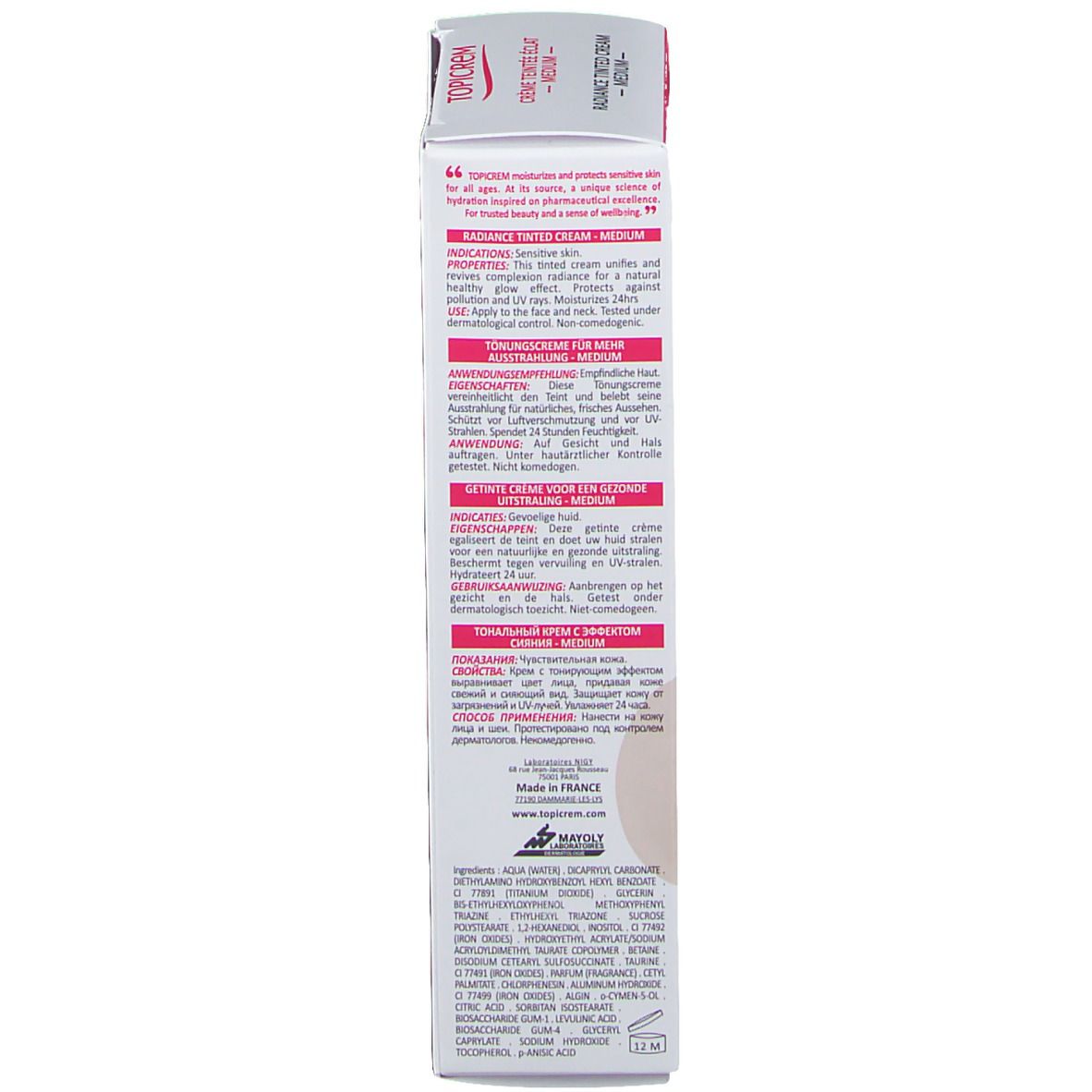 Verpakking van TOPICREM HYDRA+ Radiance Getinte Dagcrème Medium. Tekst, kleurstip en ingrediënten.