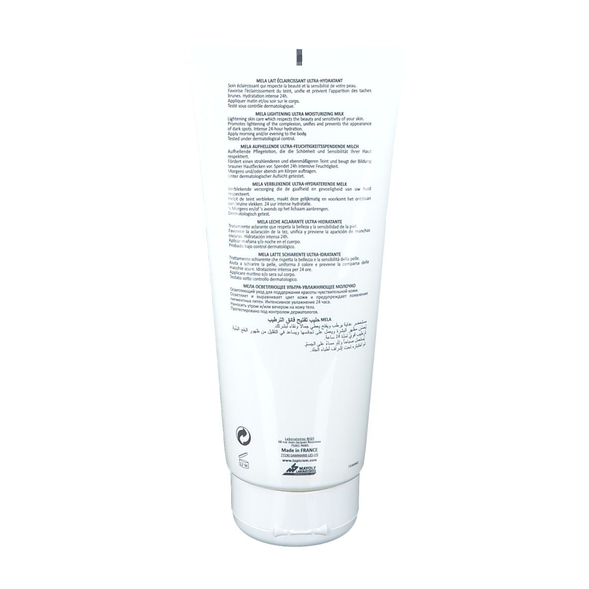 Dos du tube blanc. Texte multilingue. Informations sur les ingrédients et l'utilisation. Informations du fabricant.