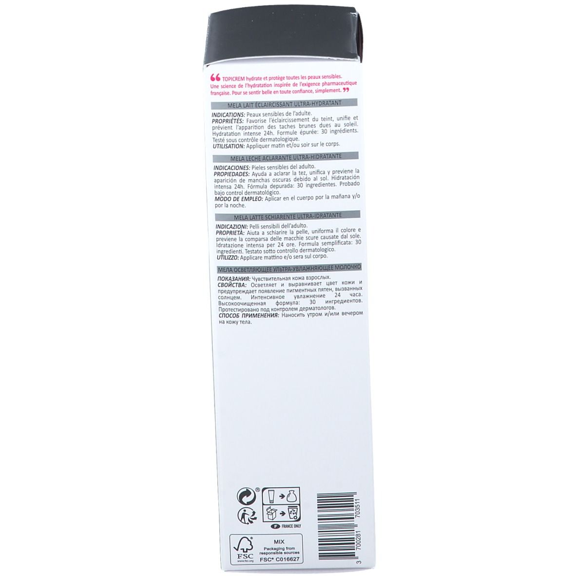 Dos de l'emballage en carton. Texte multilingue. Informations sur les ingrédients et l'utilisation. Informations du fabricant.