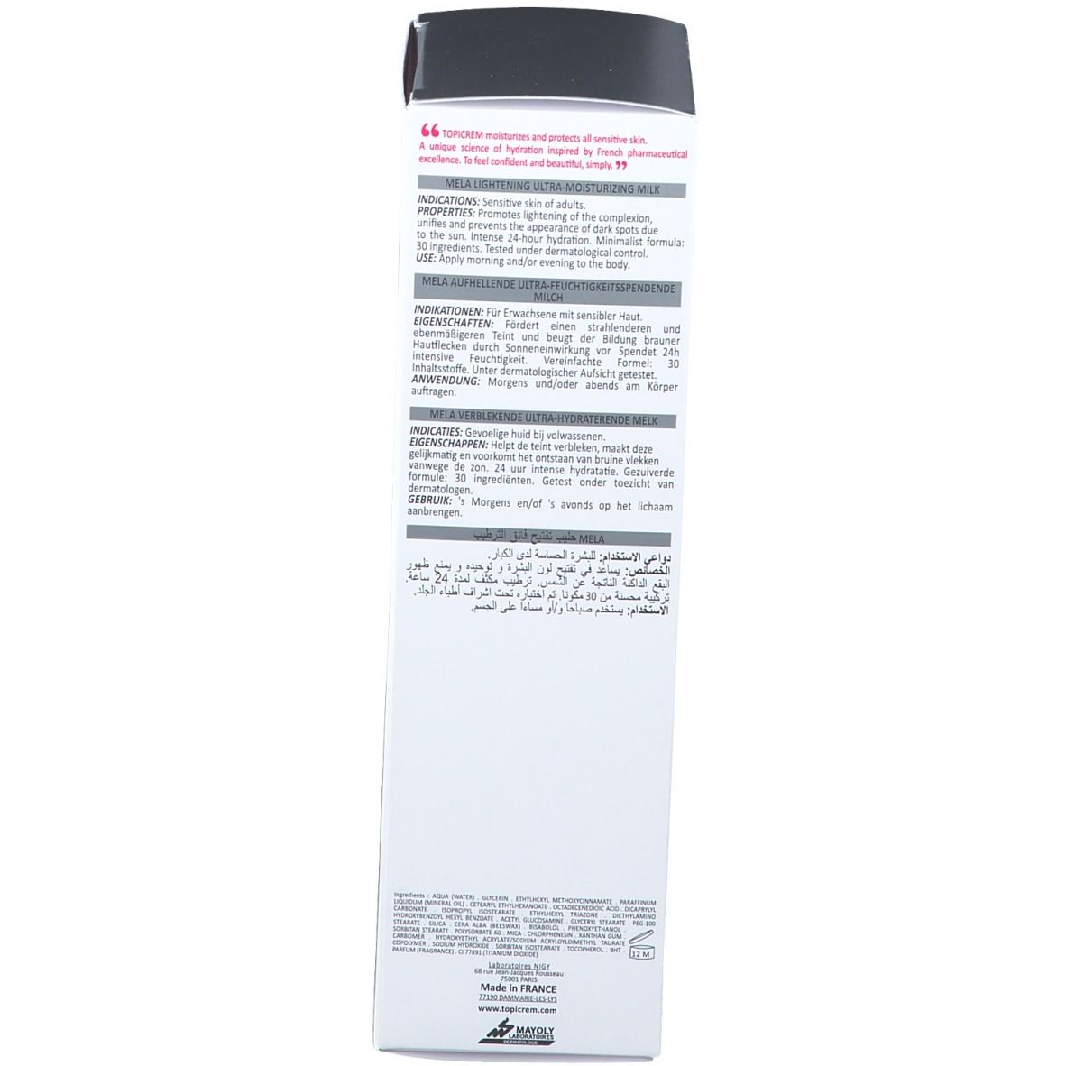 Dos de l'emballage en carton. Texte multilingue. Informations sur les ingrédients et l'utilisation. Informations du fabricant.