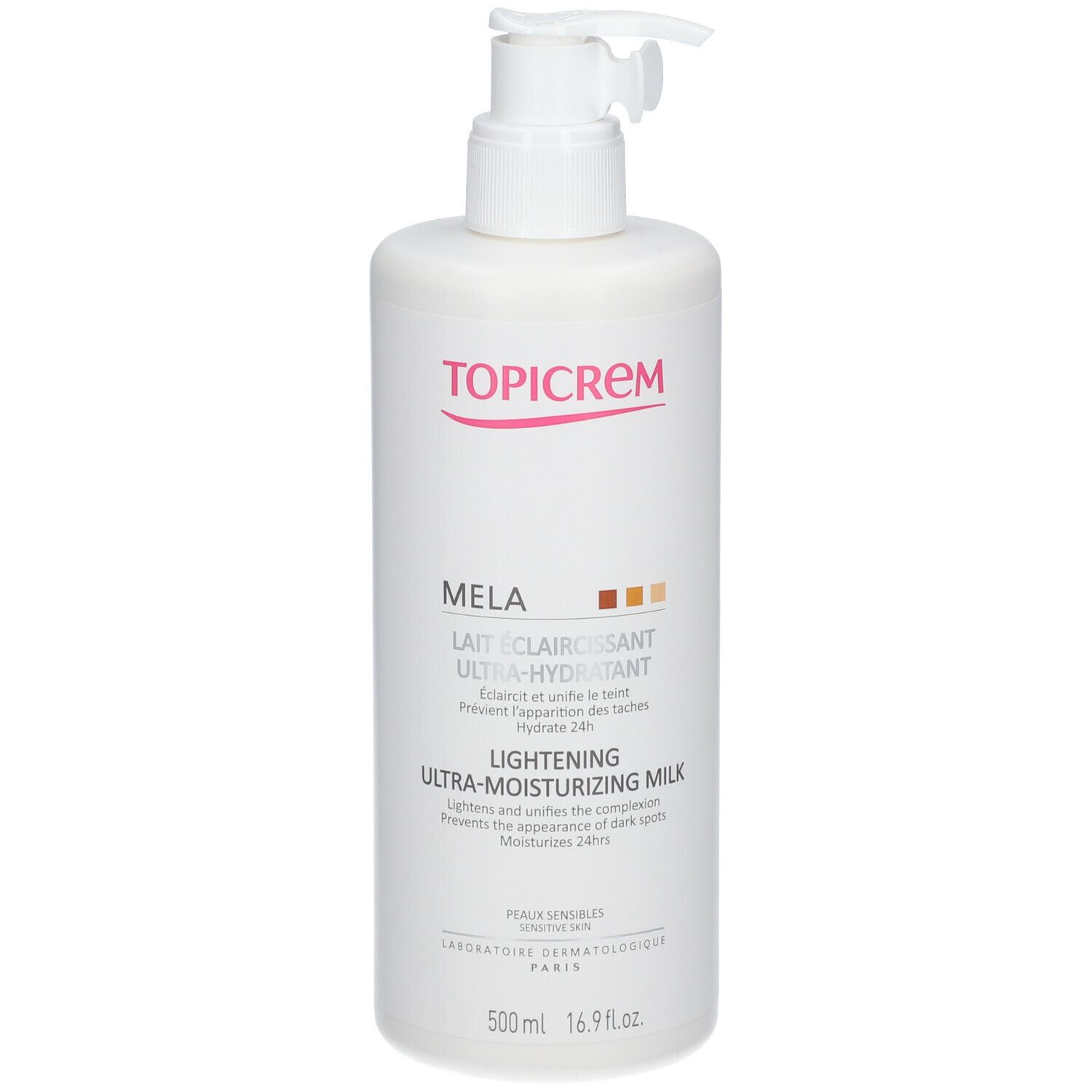 Flacon blanc avec pompe. Inscription TOPICREM, MELA, Lait éclaircissant ultra-hydratant, Lightening ultra-moisturizing milk. 500 ml.