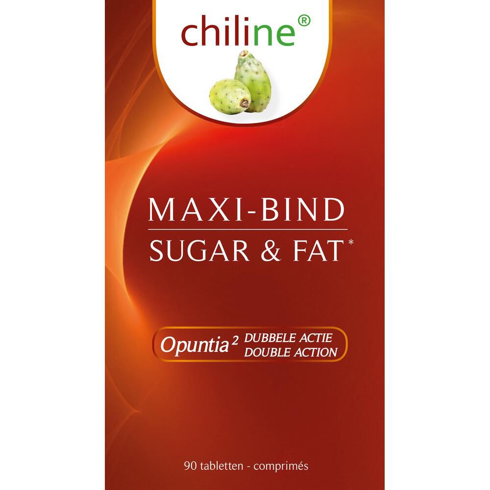Verpakking met tabletten. Opschrift: MAXI-BIND SUGAR & FAT. Bevat Opuntia. 90 tabletten.