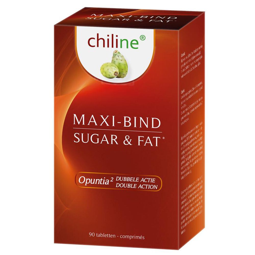 Verpakking met tabletten. Opschrift: MAXI-BIND SUGAR & FAT. Bevat Opuntia. 90 tabletten.