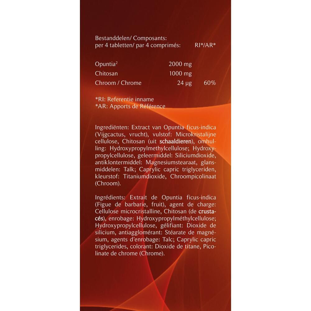 Detailweergave van de ingrediënten van de tabletten. Bevat Opuntia, Chitosan en Chroom.