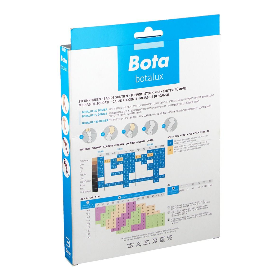 Achterkant van de Bota BOTALUX 140 SU Stay-Up verpakking. Productinformatie, maattabel en logo's.