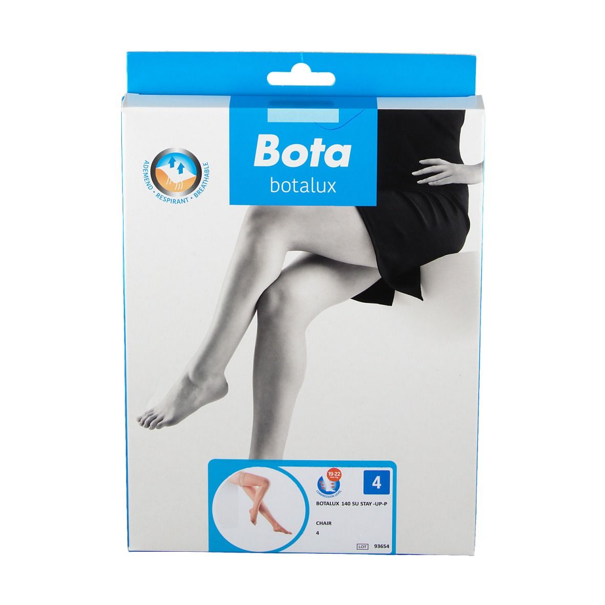 Vooraanzicht van de Bota BOTALUX 140 SU Stay-Up verpakking. Beenafbeelding, productlogo en maatindicatie.
