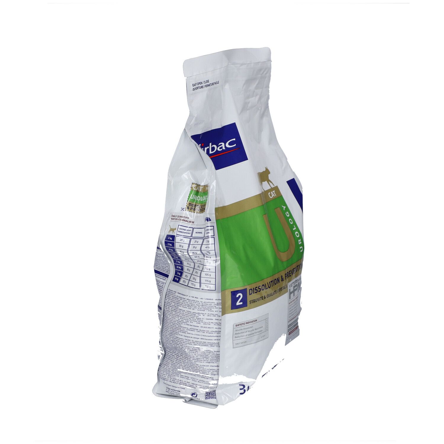 Virbac-Tierfutterbeutel, schräg. Aufschrift: Urology HPM Dissolution & Prevention. Katze-Symbol. 3 kg. Veterinär-Pflege.