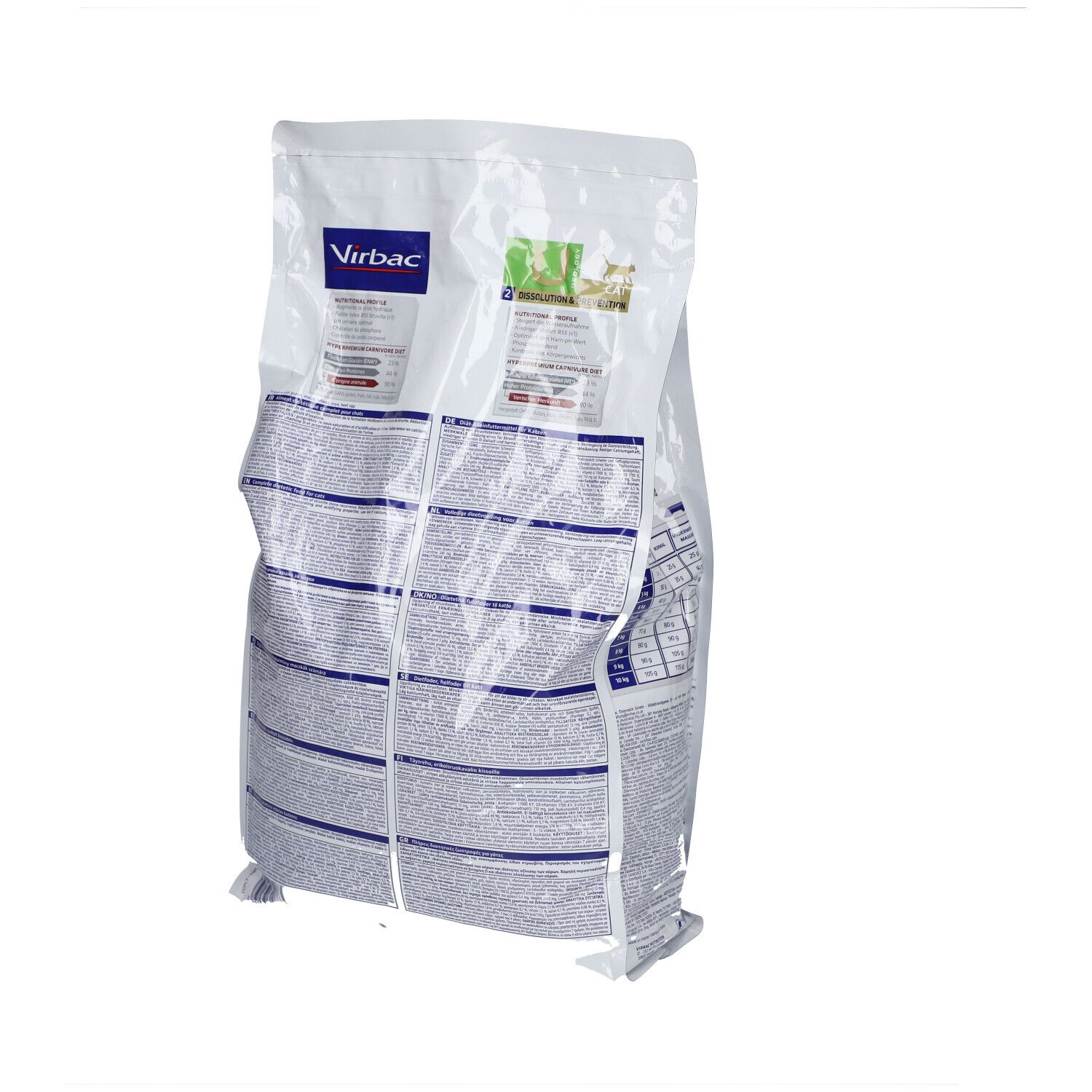 Virbac-Tierfutterbeutel. Aufschrift: Urology HPM Dissolution & Prevention. Detailansicht der Rückseite mit Text.