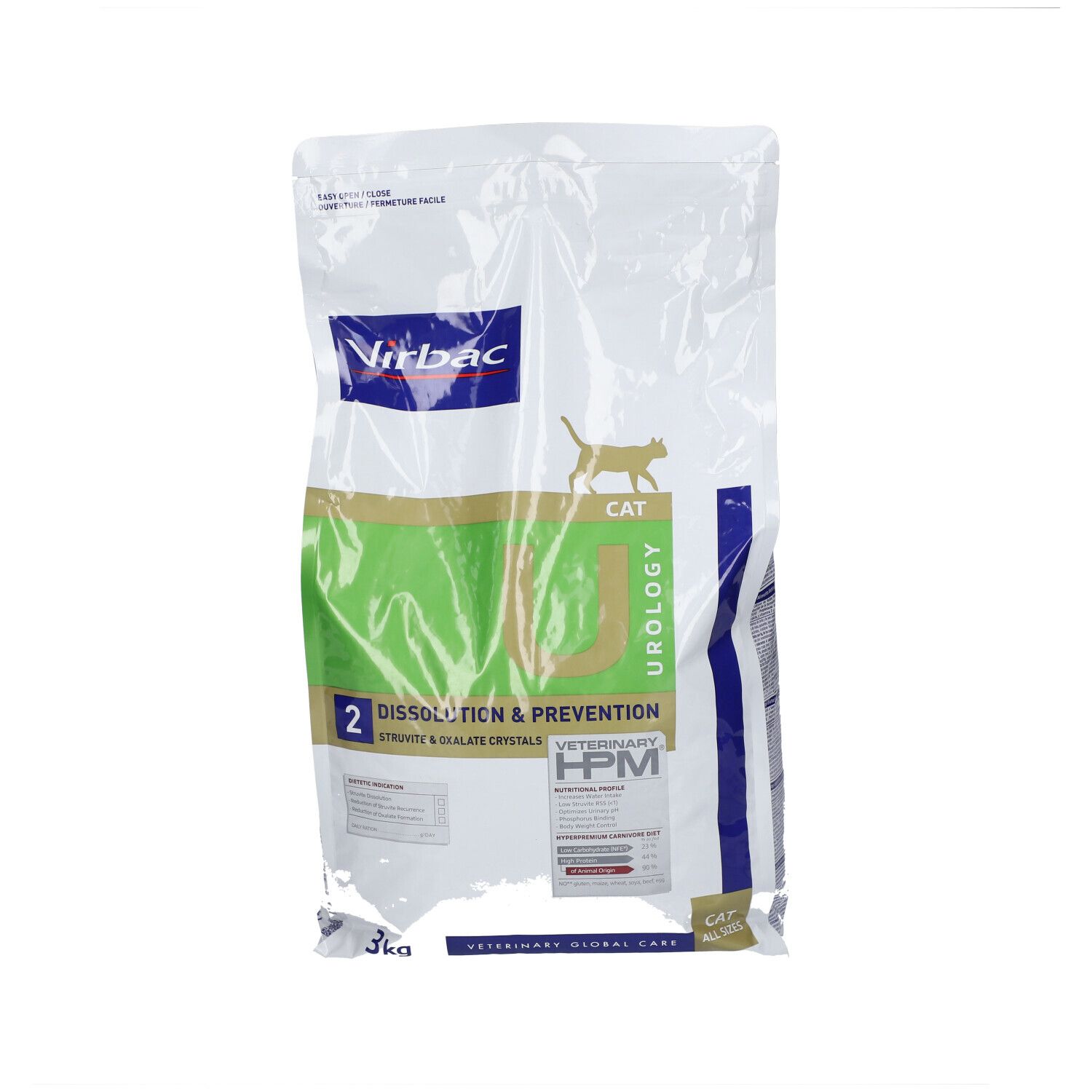 Virbac-Tierfutterbeutel. Aufschrift: Urology HPM Dissolution & Prevention. Katze-Symbol. 3 kg. Veterinär-Pflege.