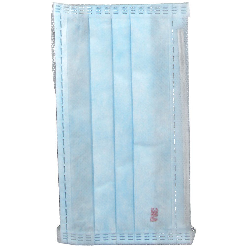 Masque chirurgical bleu clair plié. Logo 3M dans le coin. Coutures visibles.