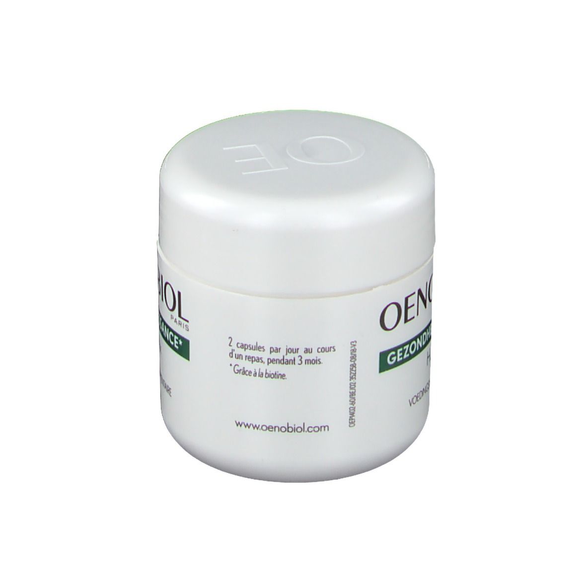 Pot blanc. Inscription: OENOBIOL, Santé & Croissance, 2 gélules par jour, 3 mois.