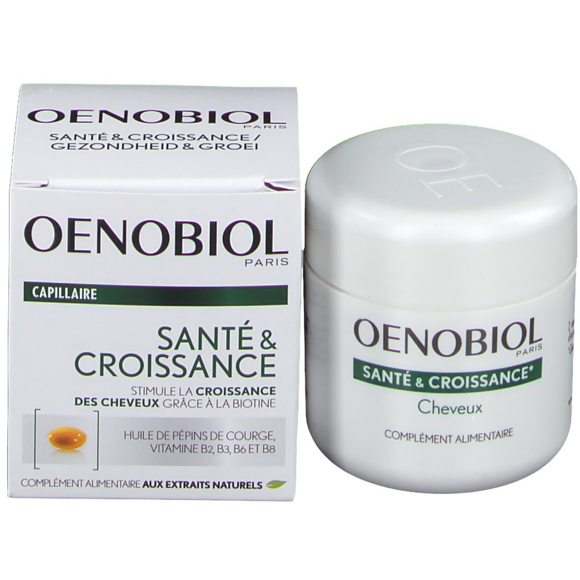 Produit OENOBIOL et emballage. Santé & Croissance, Cheveux, COMPLEMENT ALIMENTAIRE.
