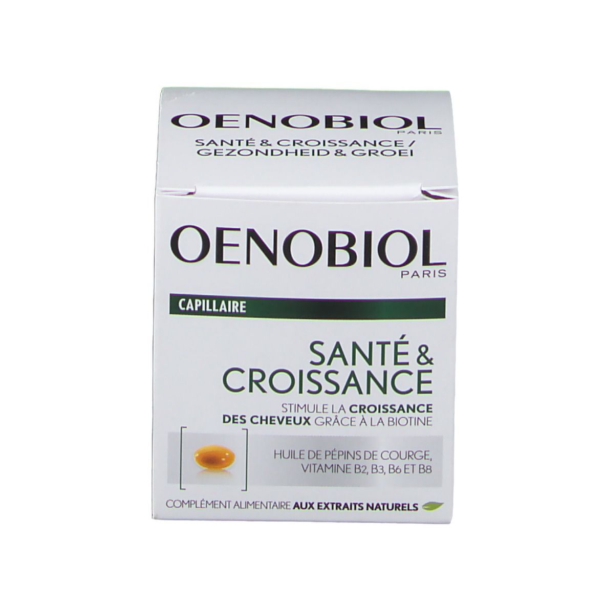 Emballage OENOBIOL. Santé & Croissance, Stimule la croissance des cheveux avec de la biotine.