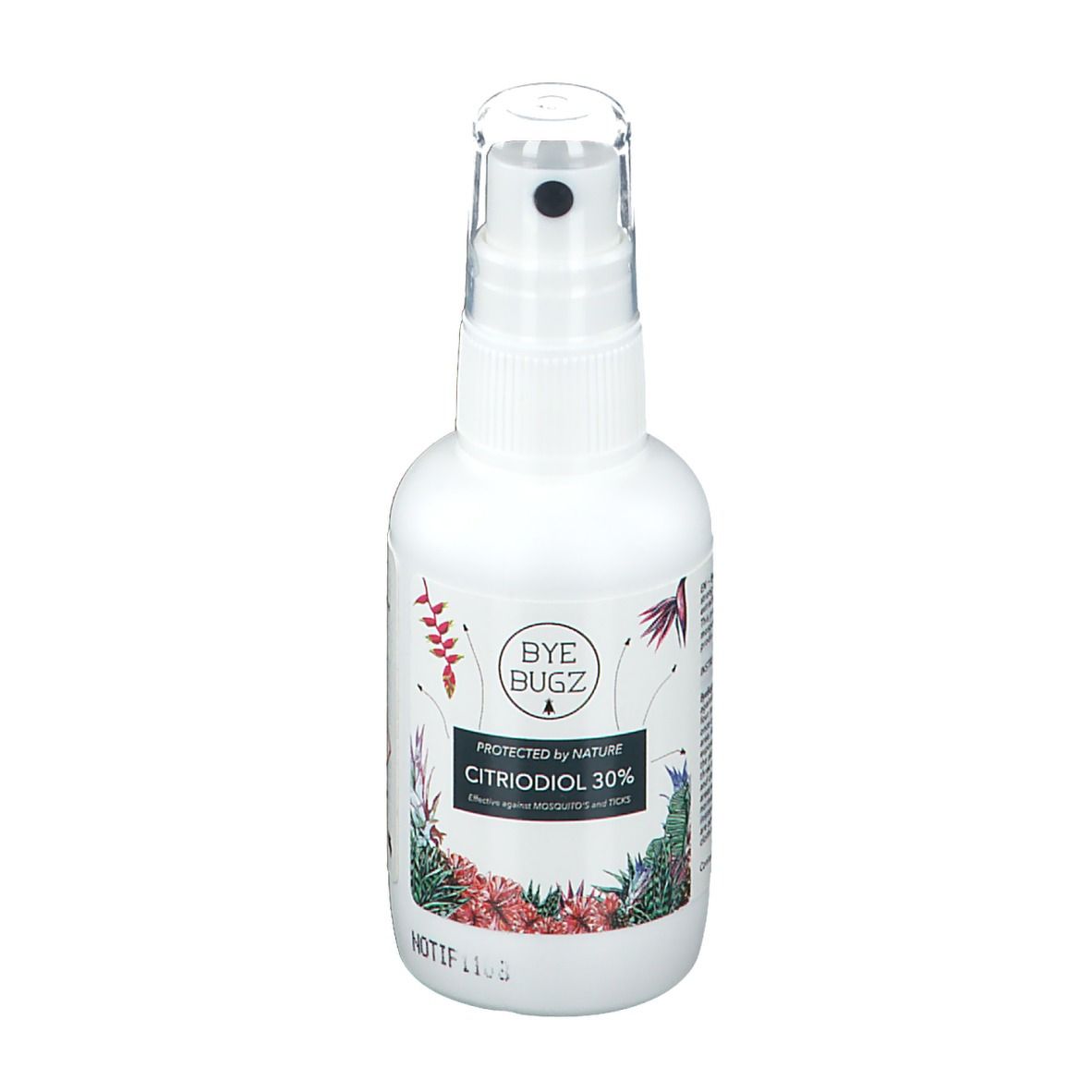 Flacon spray blanc ByeBugz Citriodiol 30%. Design floral. Tête de pulvérisation transparente.