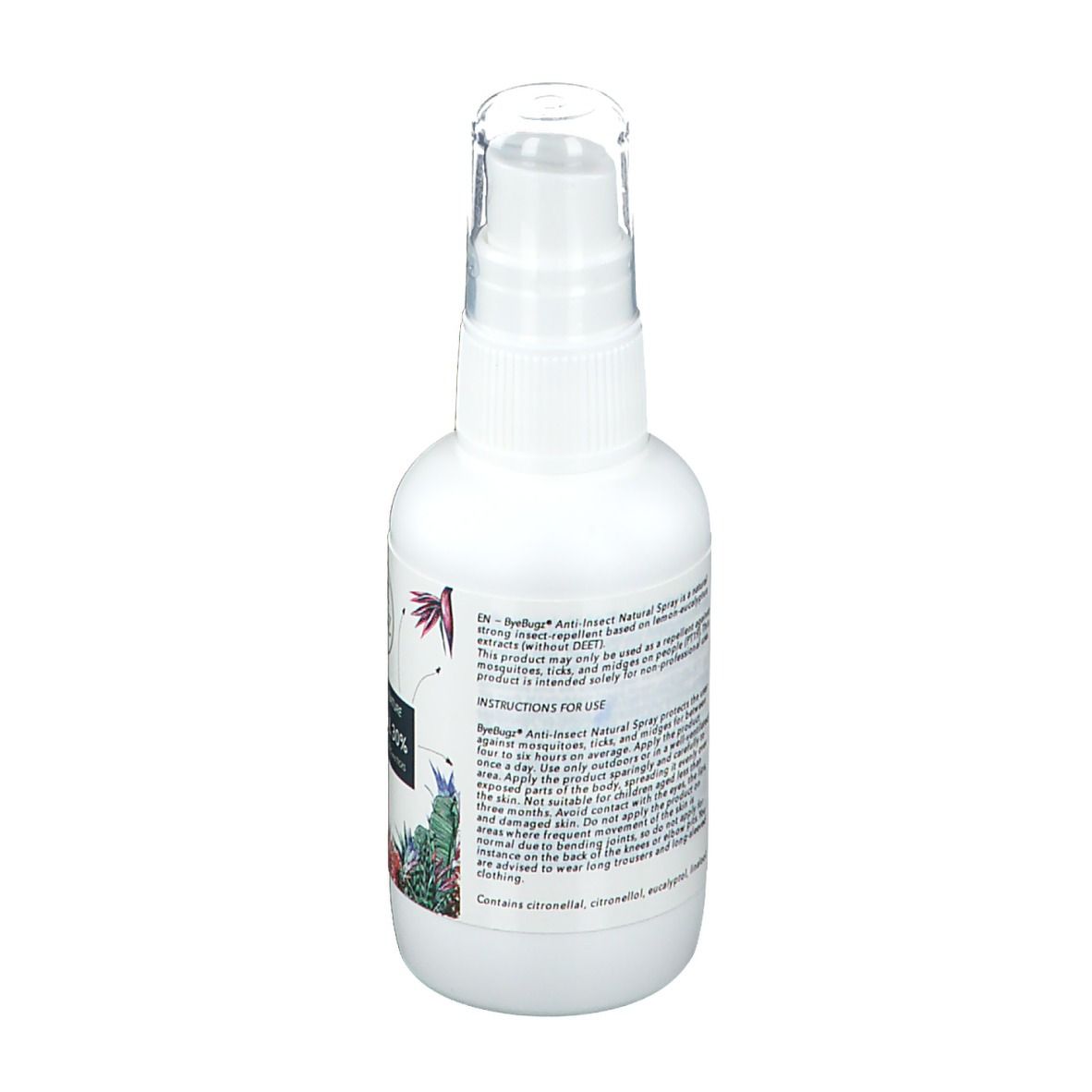 Dos du flacon spray blanc. Texte avec informations produit. Design floral. Tête de pulvérisation transparente.