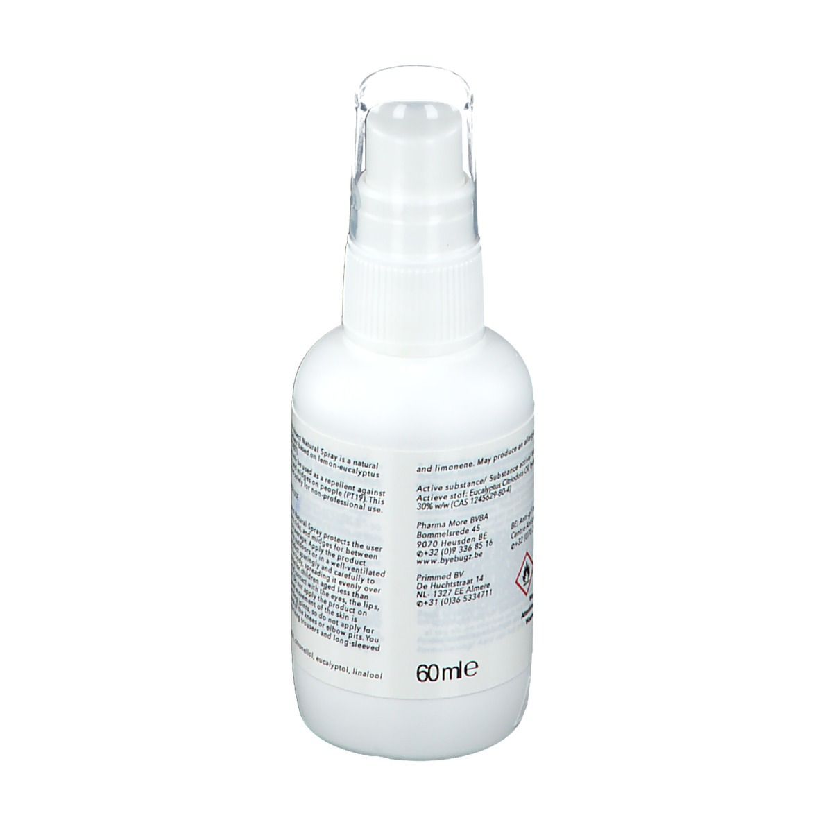 Flacon spray blanc avec texte et 60ml. Tête de pulvérisation transparente. Design floral. Vue arrière.